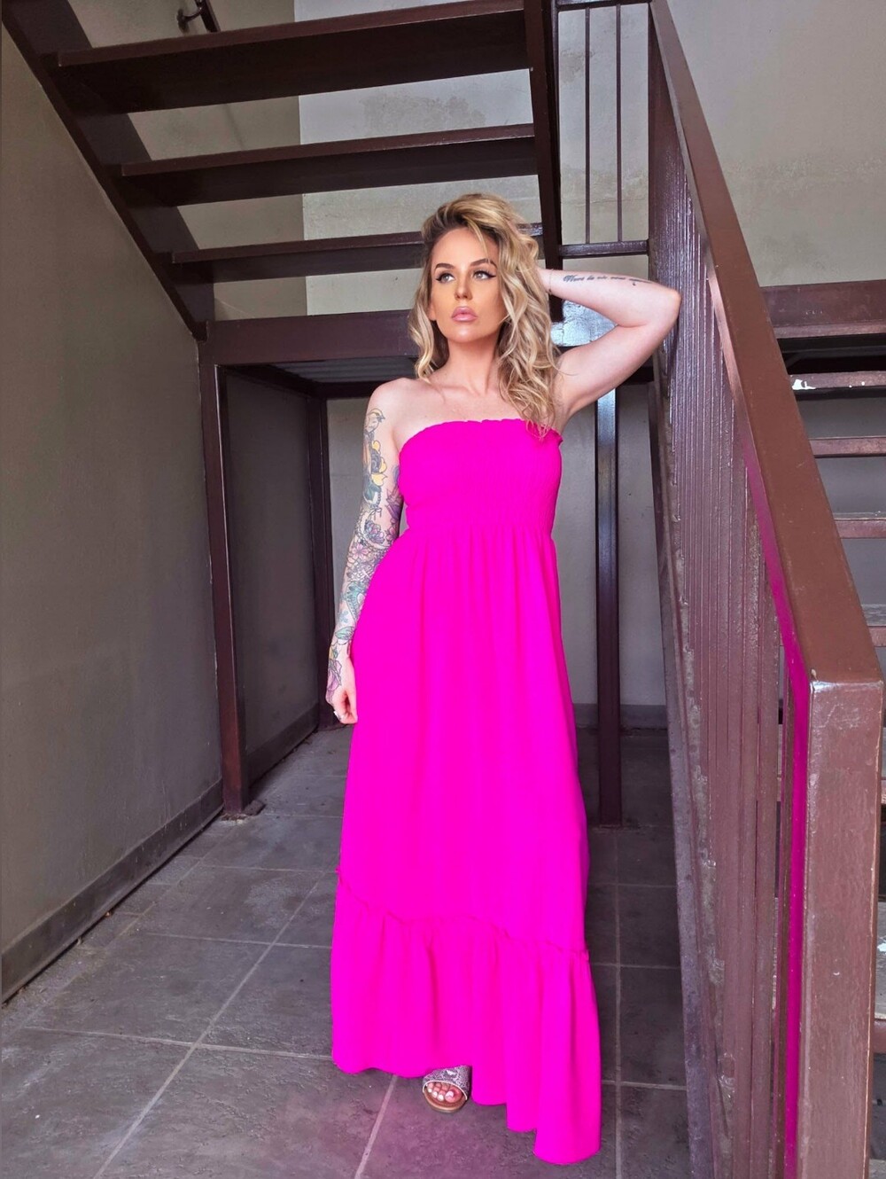Pink Strapless Smocked Maxi Dress